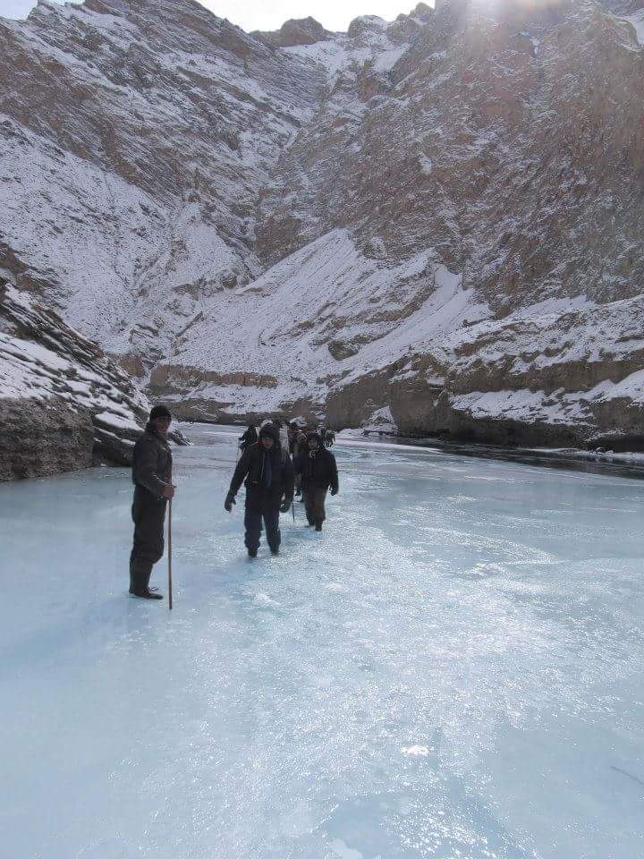 Walking through icy water